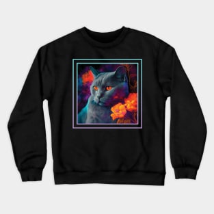 Fluffy Chartreux Cat Vibrant Tropical Flower Digital Oil Painting Portrait Crewneck Sweatshirt